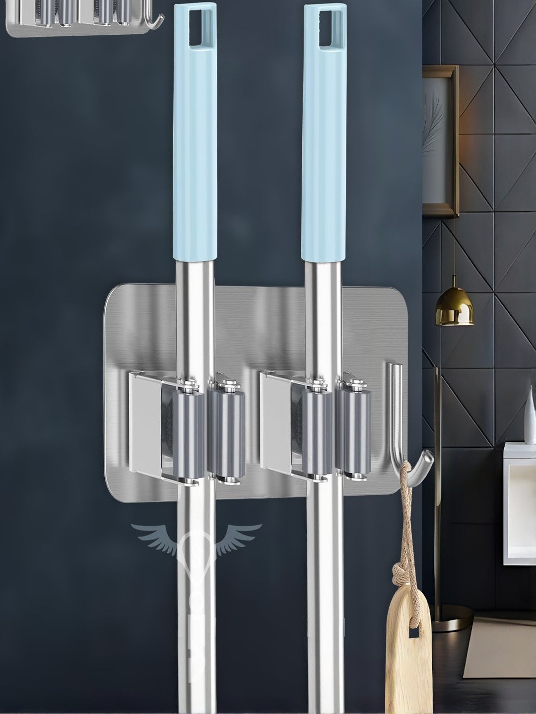 Sittella 2 Pcs Silver Stainless Steel Broom & Mop Stick Hooks And Holders