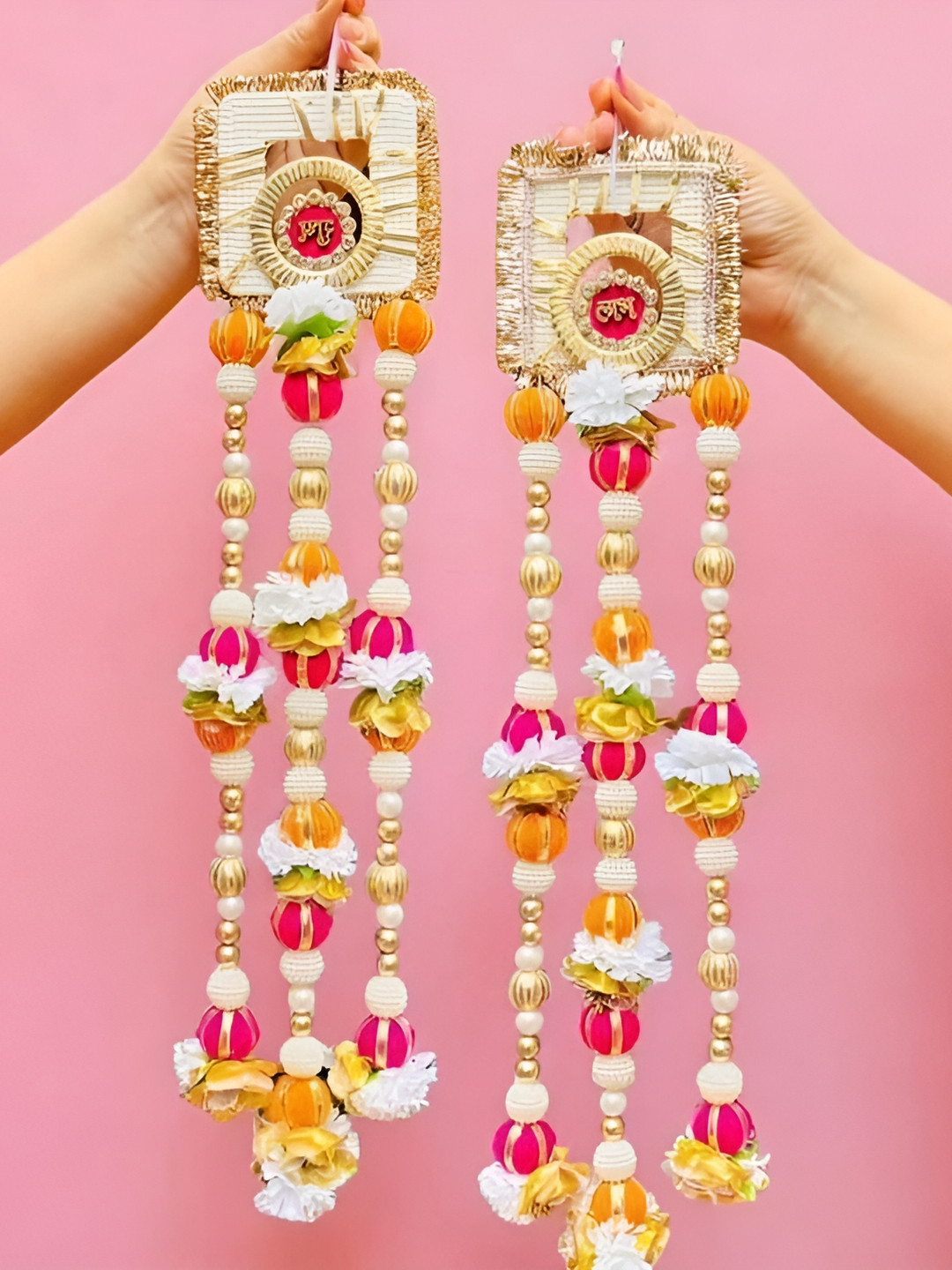 Sellplus 2Pcs White & Yellow Textured Beads With Flower & Ball Shubh Labh Hanging Torans