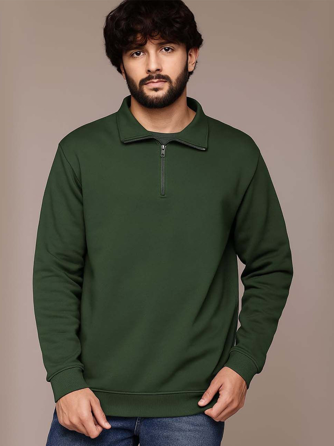 Organic Chics Men High Neck Half Zipper Sweatshirt