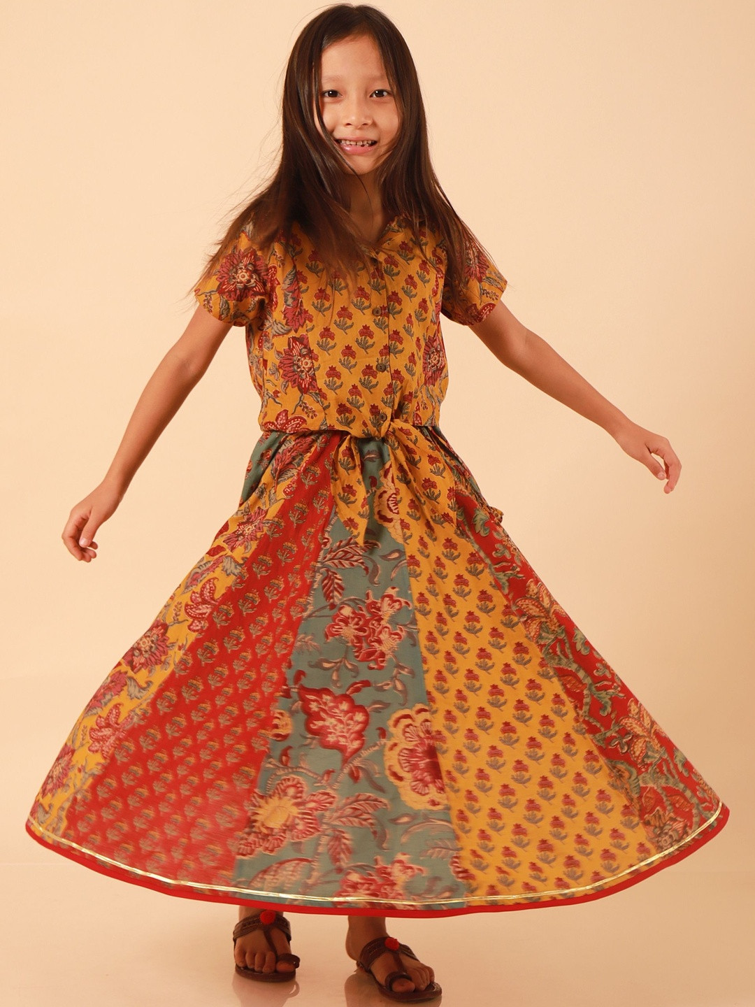 Sangria Girls Yellow & Red Block Printed Cotton Ready to Wear Lehenga & Shirt Collar Top