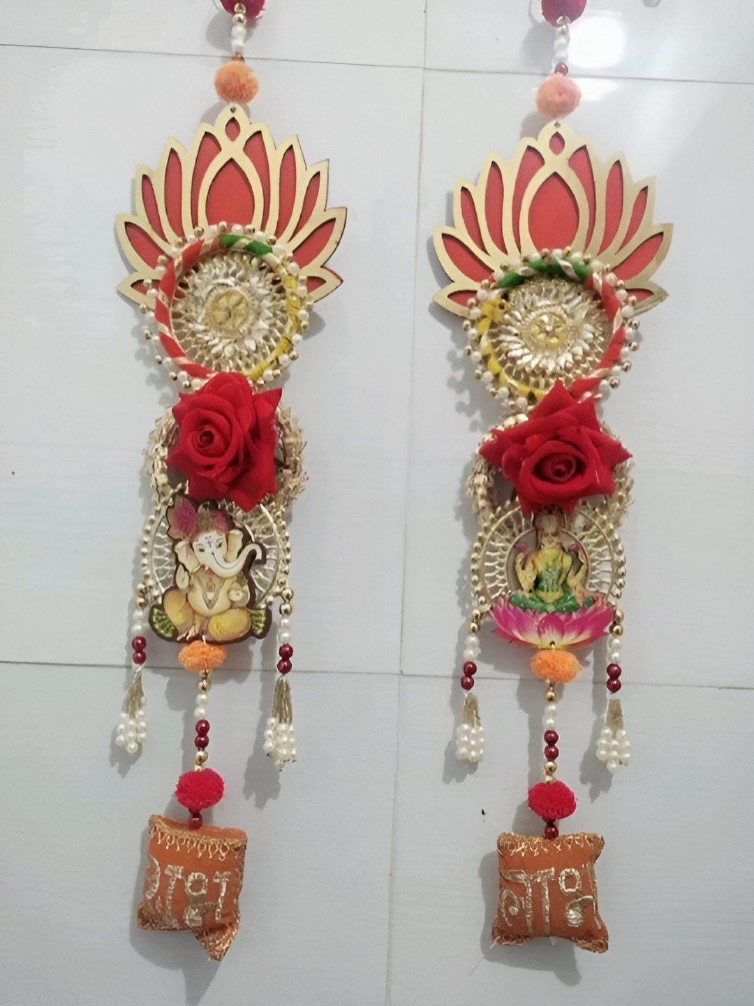 Sellplus Pack of 2 Red & Yellow Textured Lotus With Lakshmi Ganesh Ji Hanging Torans