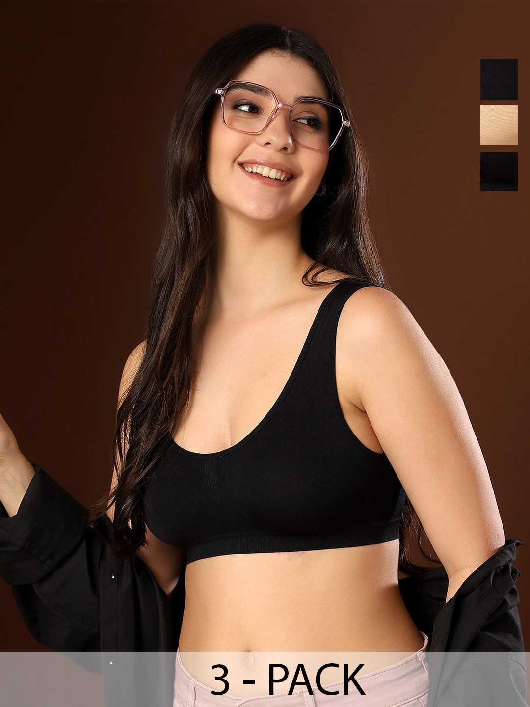 PAAVKI Hosiery Pack of 3 Seemless Non Padded Full Coverage Broad Straps Bra