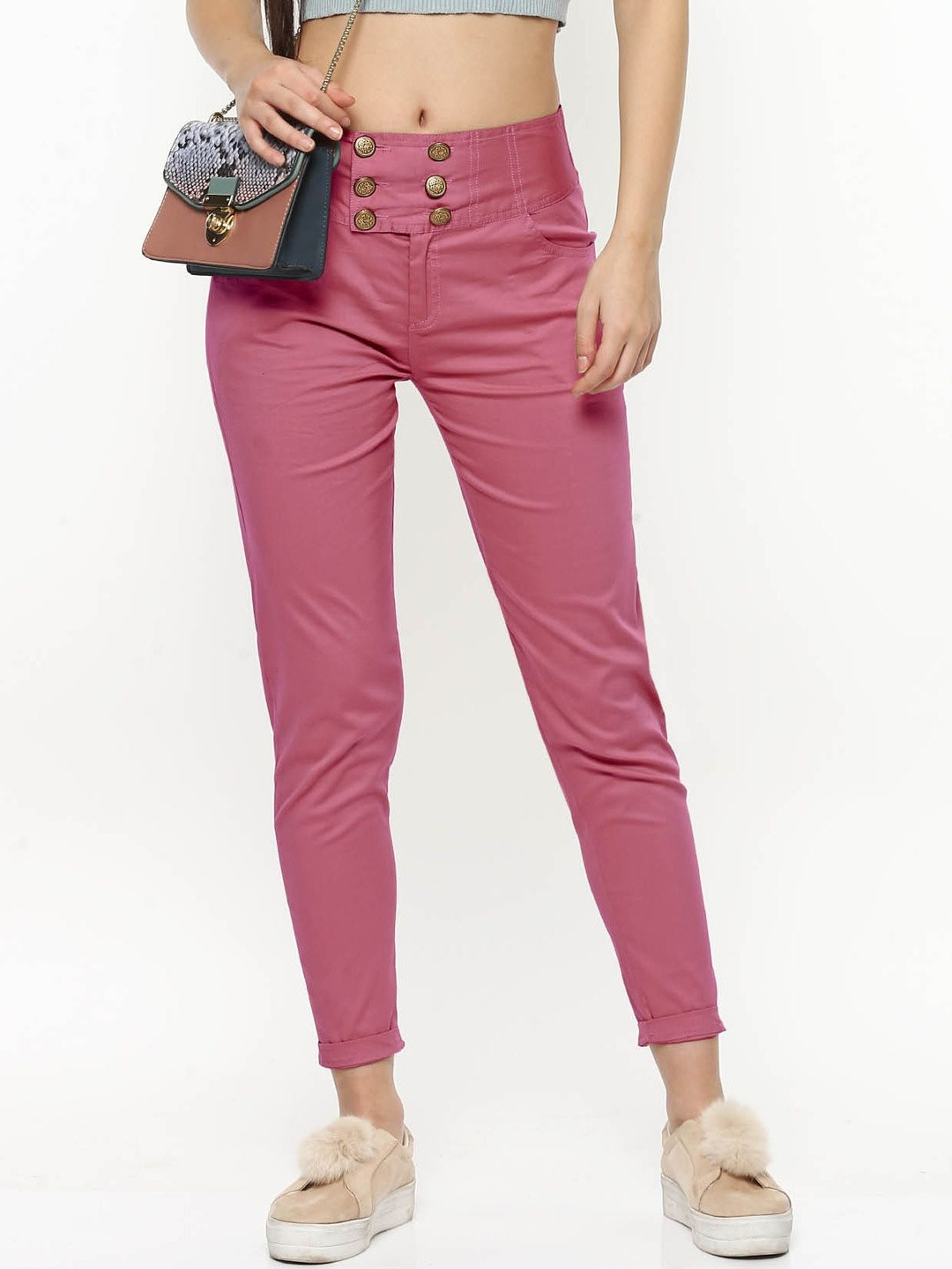 Moda Rapido Women Blossom Pink Strechable Cotton Casual Pant with Pockets