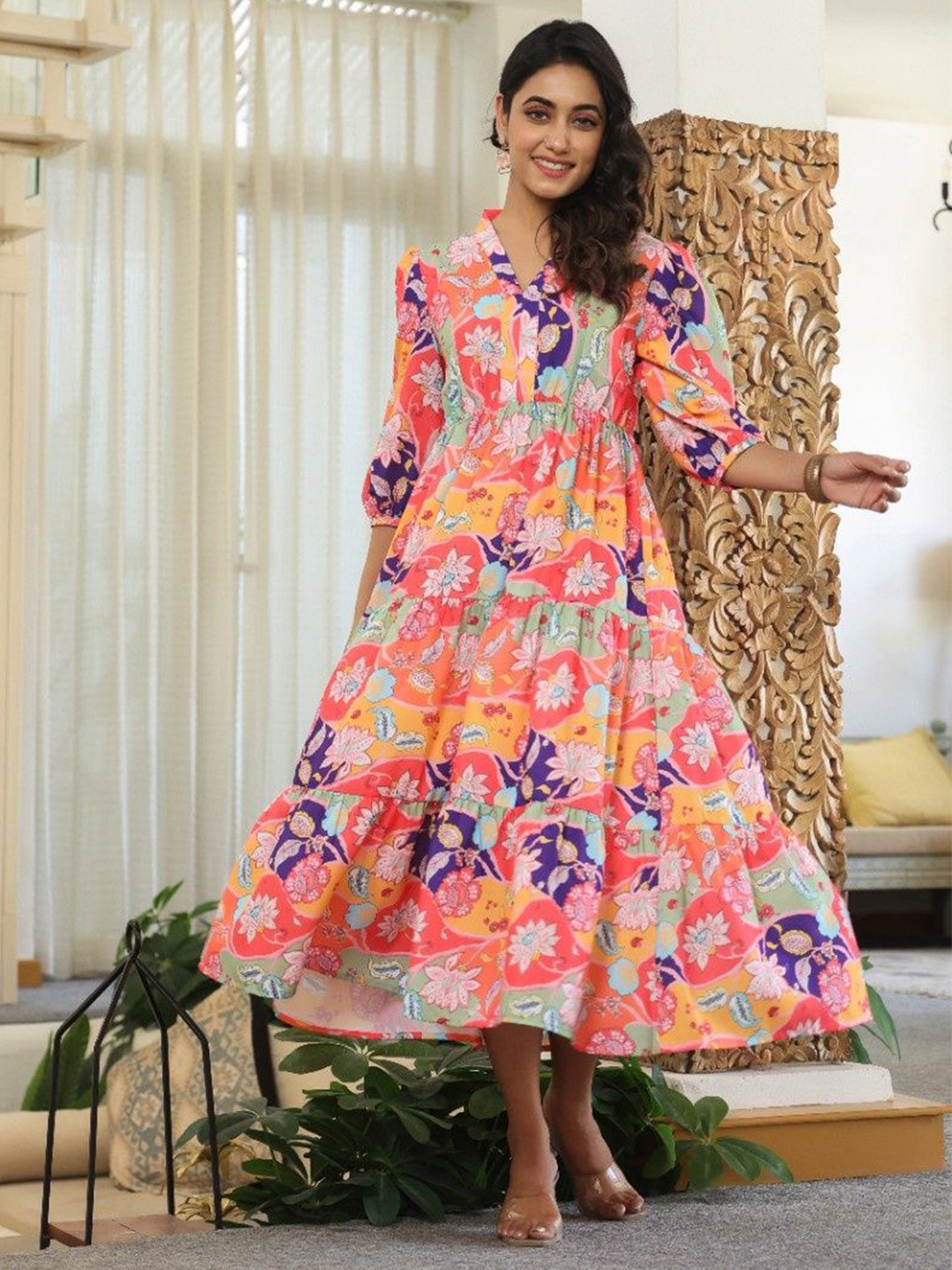 M&H Easy Women Floral Printed Fit and Flare Midi Dress