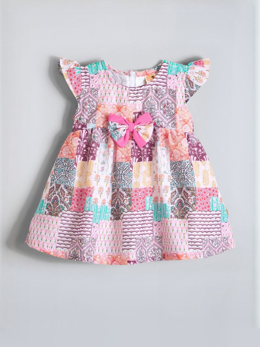 Hopscotch Girls Floral Printed Round Neck Flutter Sleeve Fit & Flare Bow Dress