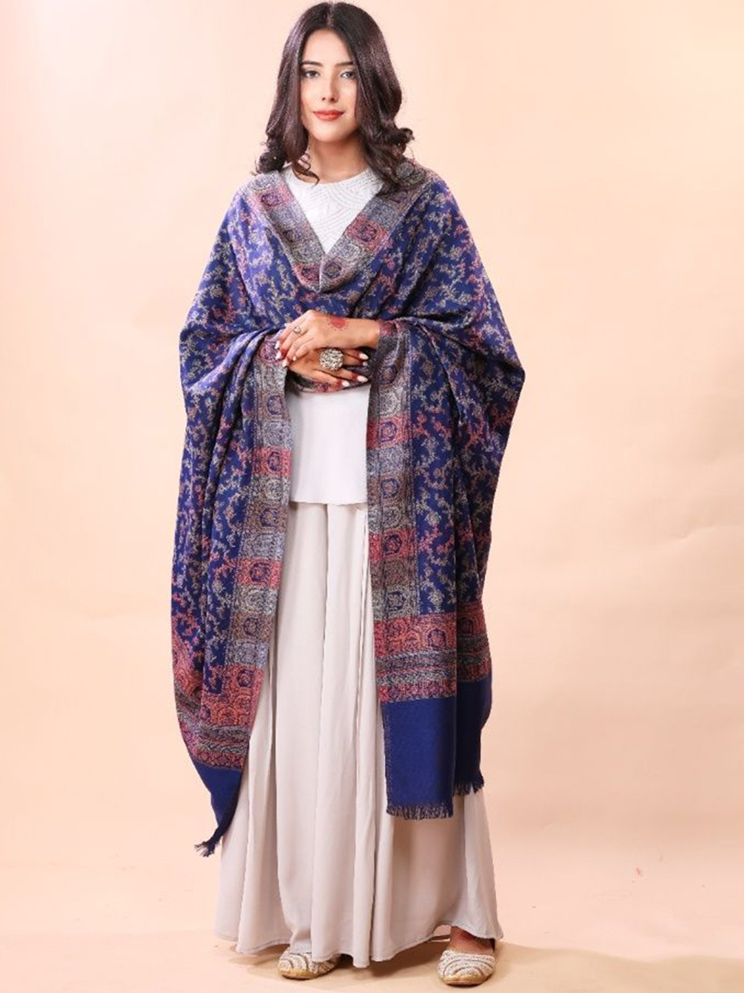 THE SHAWL STUDIO Floral Woven Design Temple Border Kani Woollen Shawl