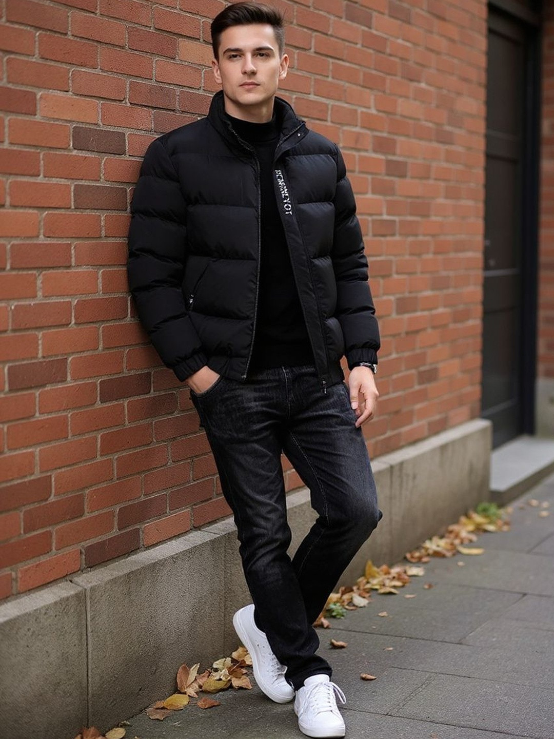 HERE&NOW Men Black Solid Mock Collar Polyester  Overcoat Padded Jacket