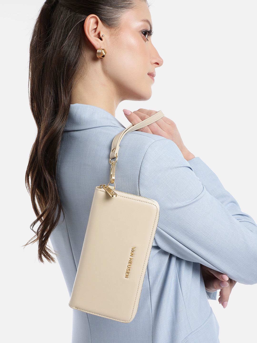 Van Heusen Women Brand Logo Embossed Zip Around Wallet with Wrist Loop