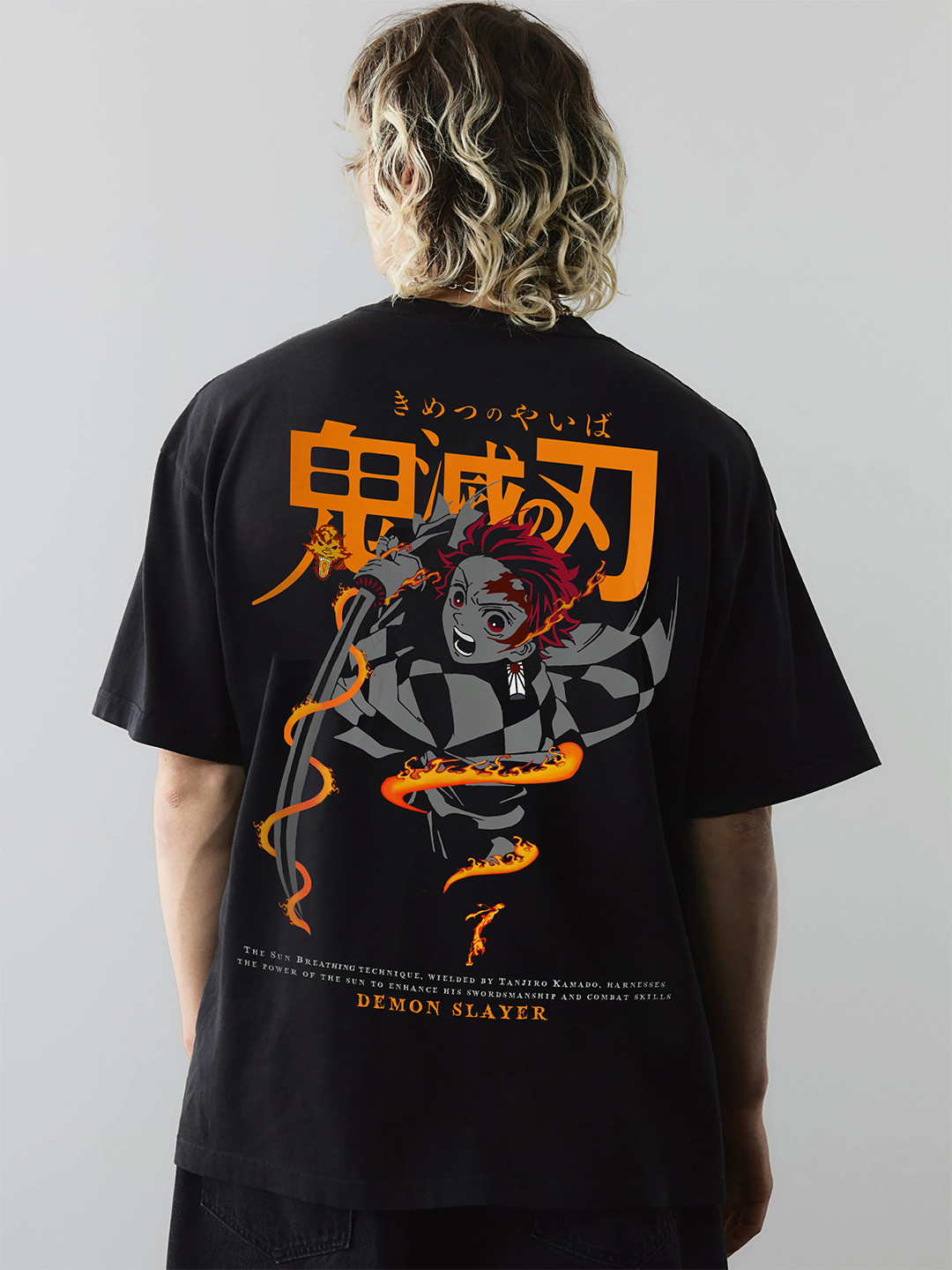 WHITE HUSK Men Tanjiro Demon Slayer Anime Printed Cotton Oversized T-shirt