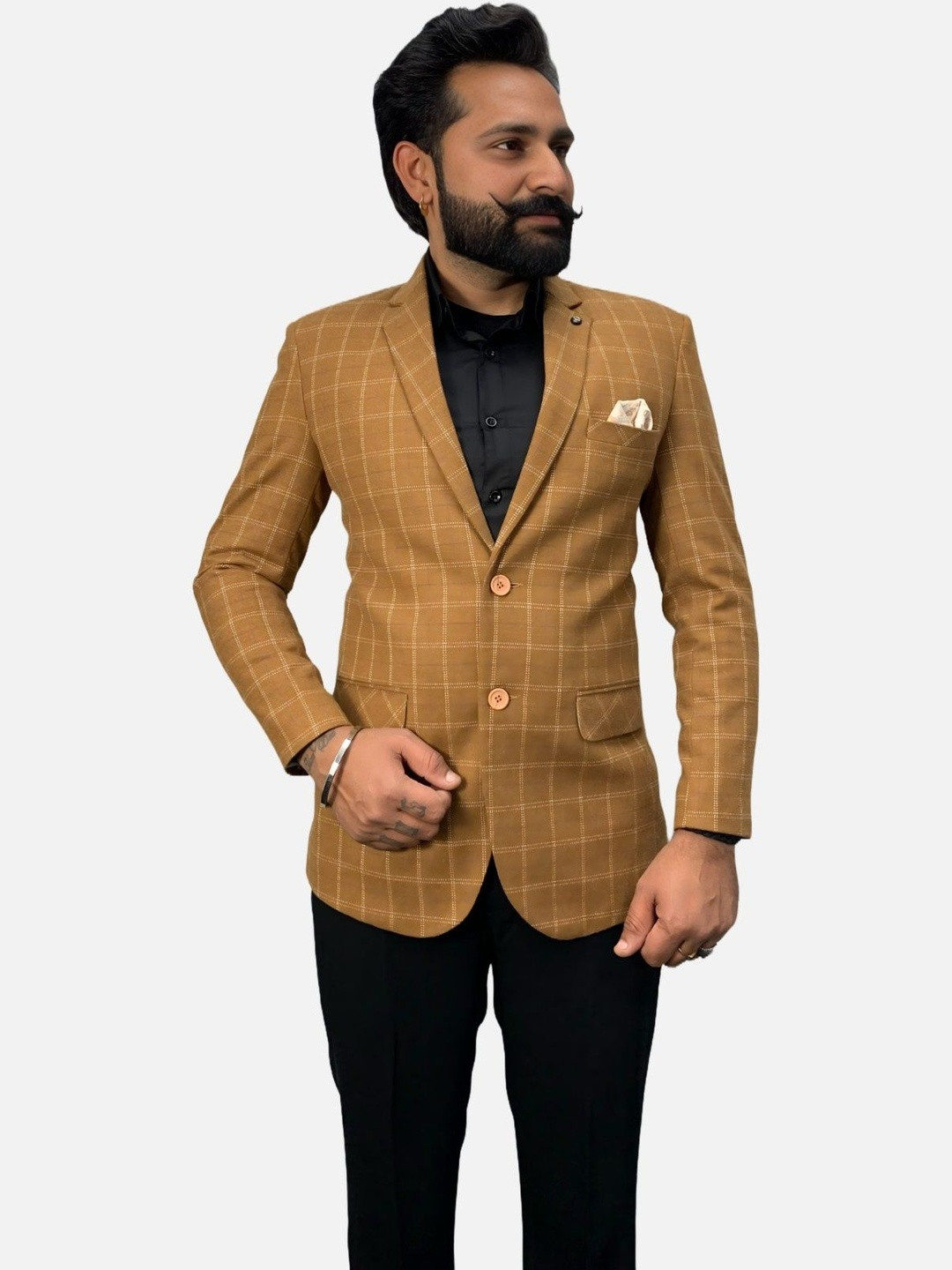 GARGIAN Master Cut Men Camel Brown Check Printed Wool Blend Formal Blazers