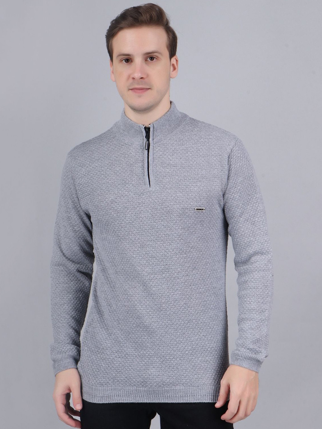 FEVERFEW Men Mock Collar Full Sleeves Half Zipper Pullover Sweaters