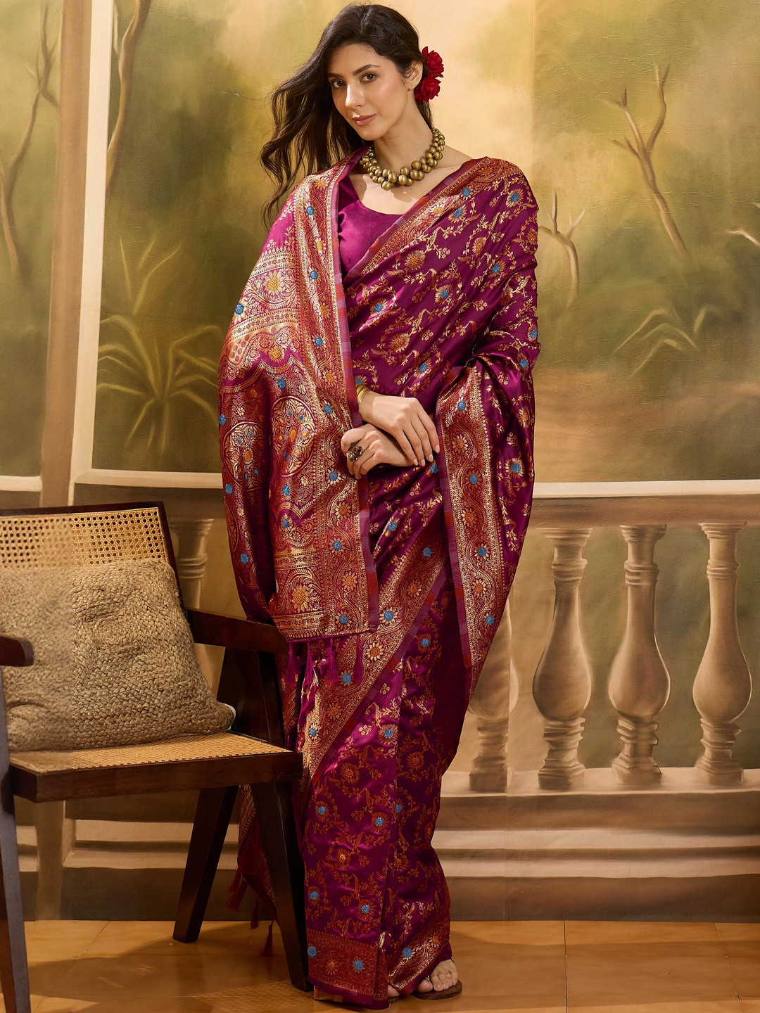 Suha Magenta Abstract Printed Banarasi Sarees