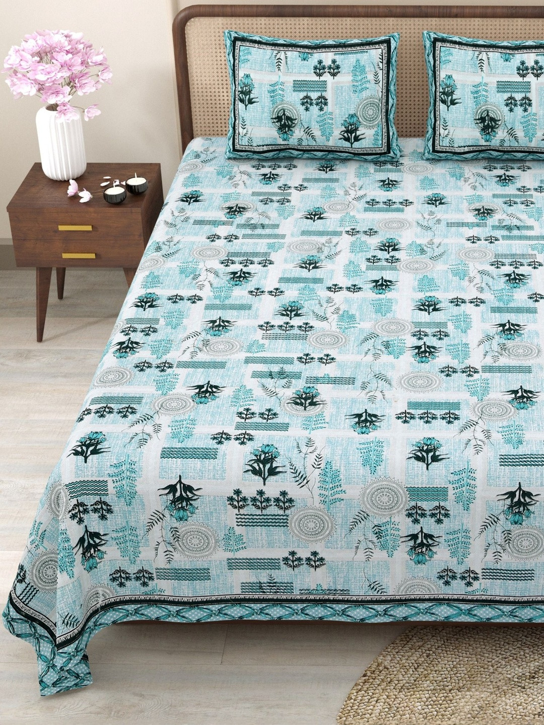Myntra Elegant Homes Sea Green & Grey Floral 180 TC King Bedsheet with 2 Pillow Covers