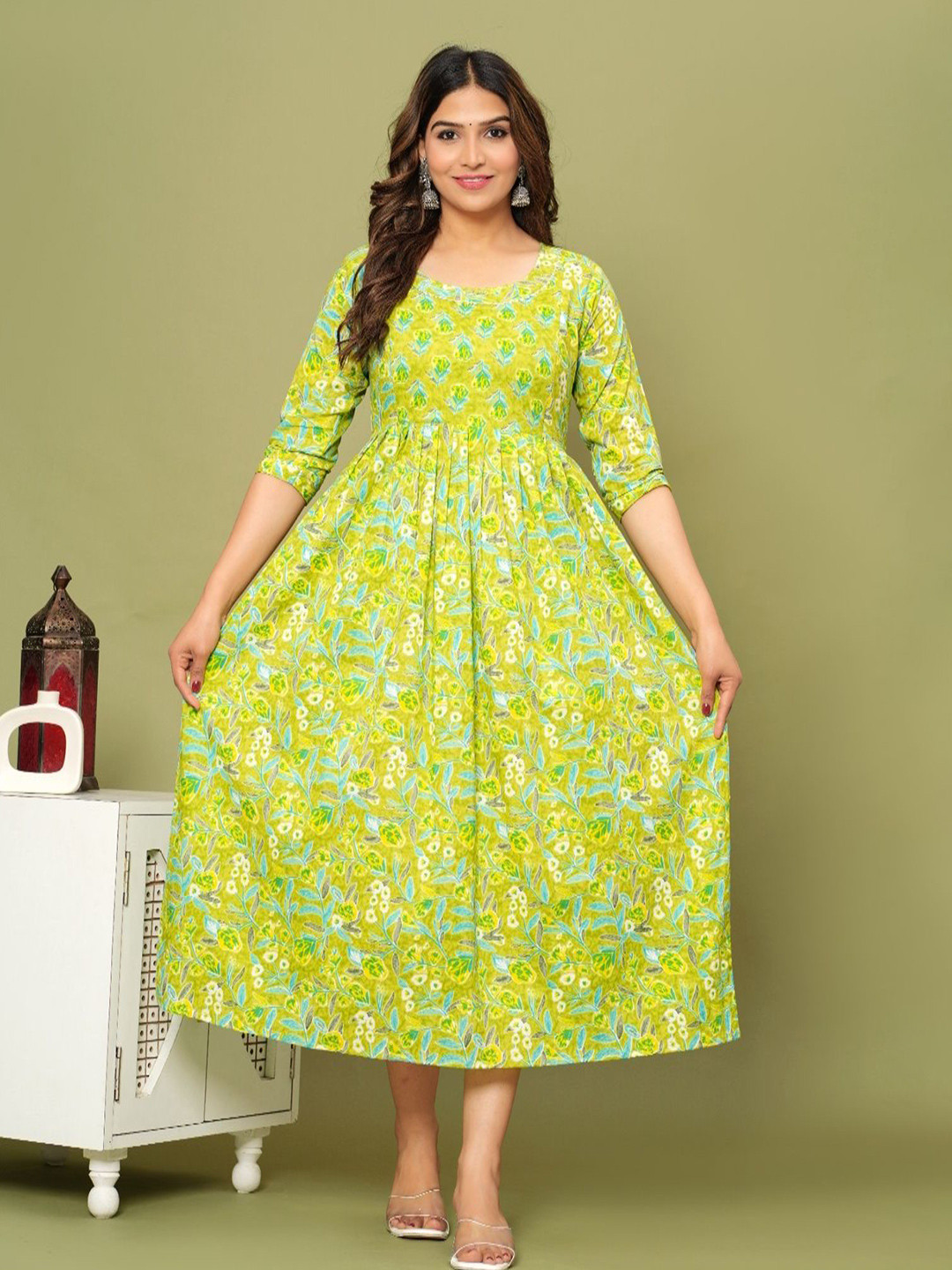 MAINA CREATION Floral Printed Round Neck A-Line Ethnic Dresses