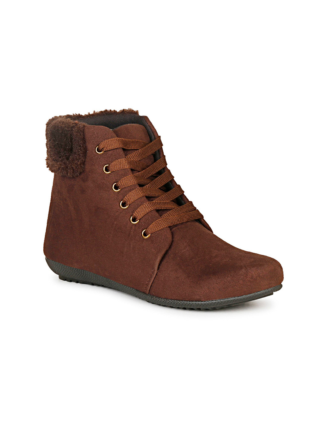 Ishransh Women Faux Fur Trim Mid-Top Flatform Boots