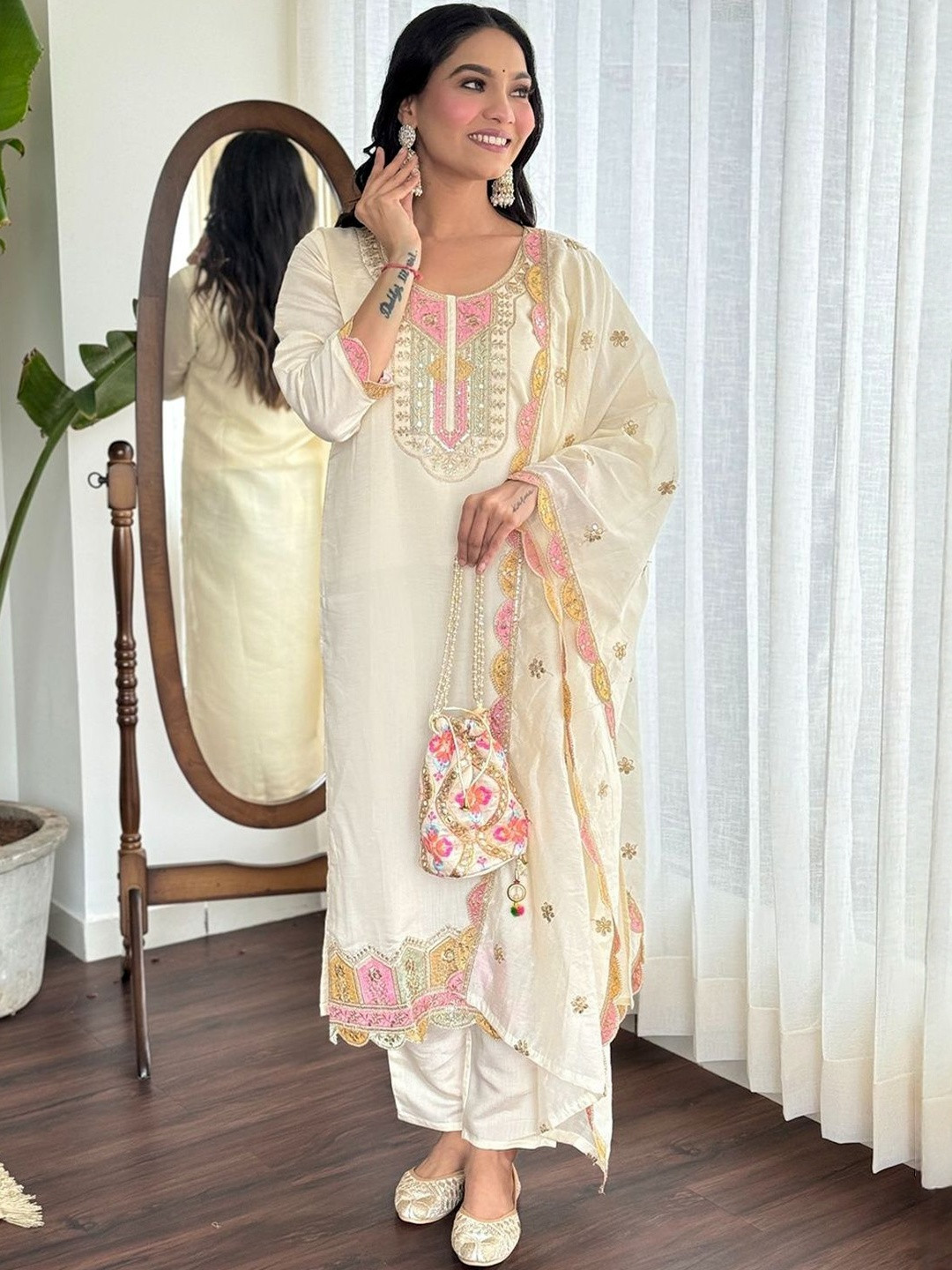 FoxDX Women Embroidered Regular Sequinned  Silk Blend Kurti  Trousers  With Dupatta