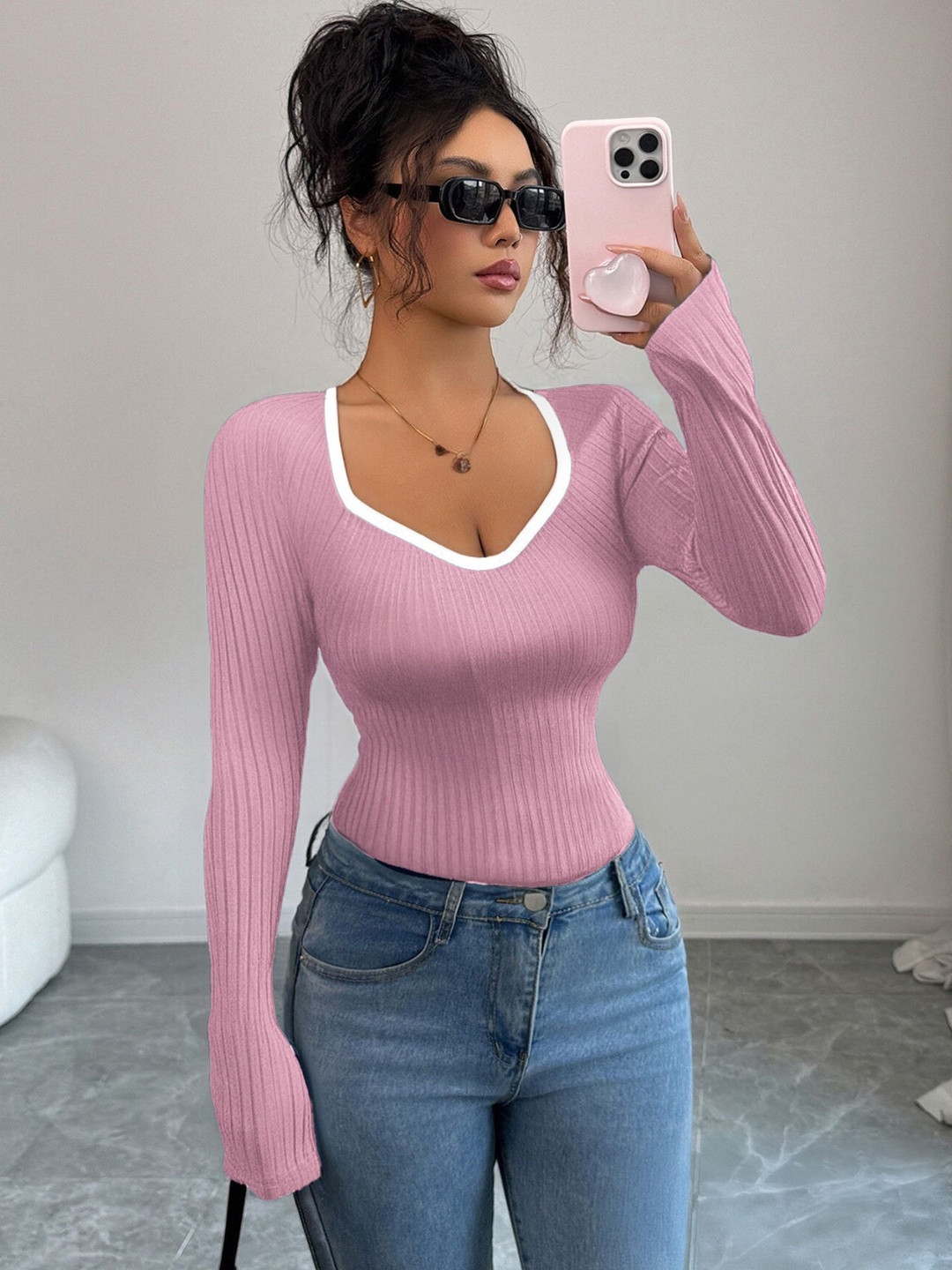 StyleCast x Revolte Solid Self Design V Neck Regular Top