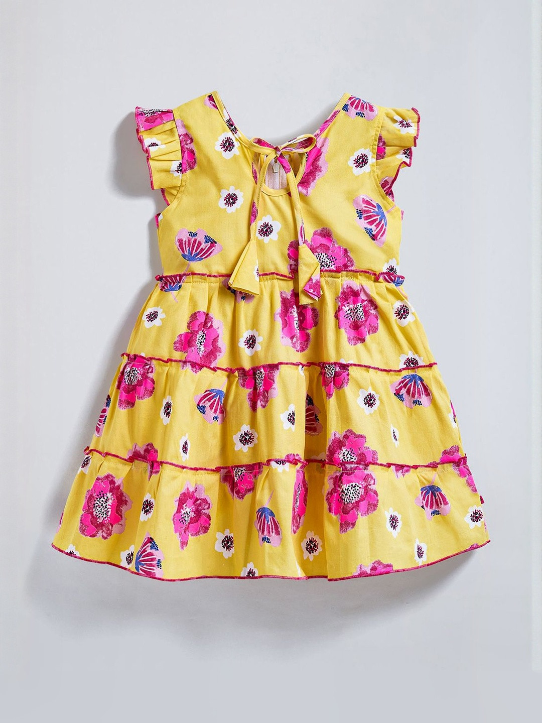 Hopscotch Girls Floral Printed Round Neck Flutter Sleeve Pure Cotton Fit & Flare Dress