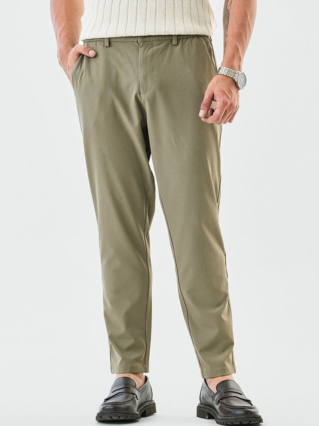 Snitch Men Olive Mid-Rise Slim Fit Formal Trouser