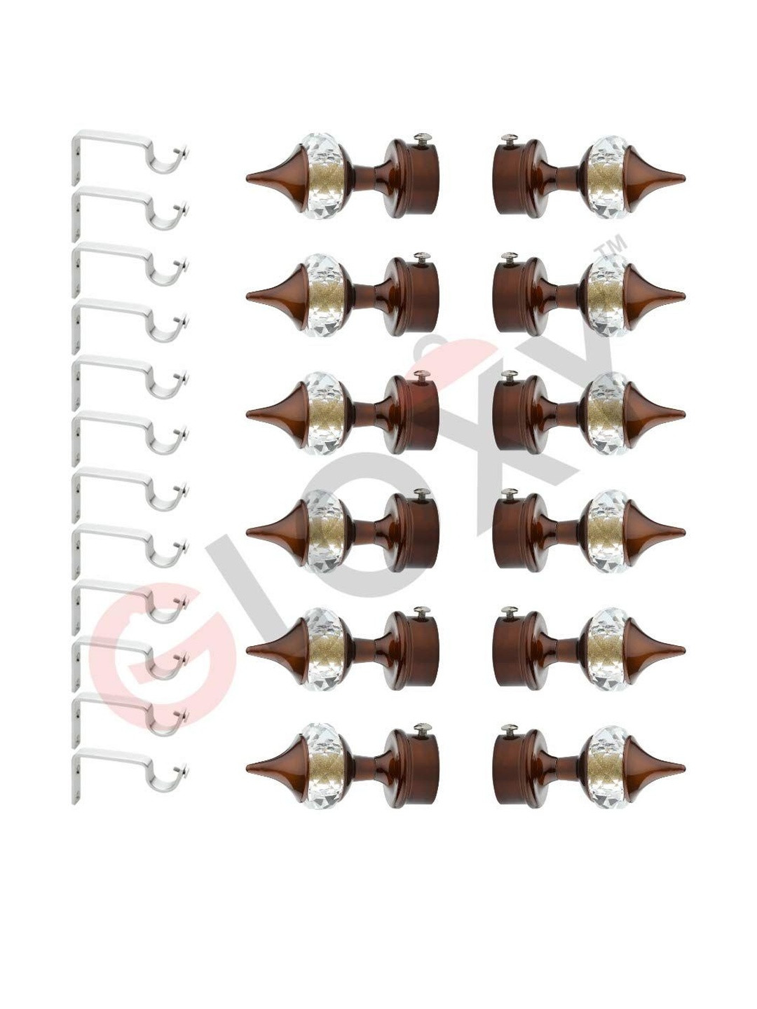 GLOXY Set of 24 Brown & White Metal Curtain Brackets and Finials