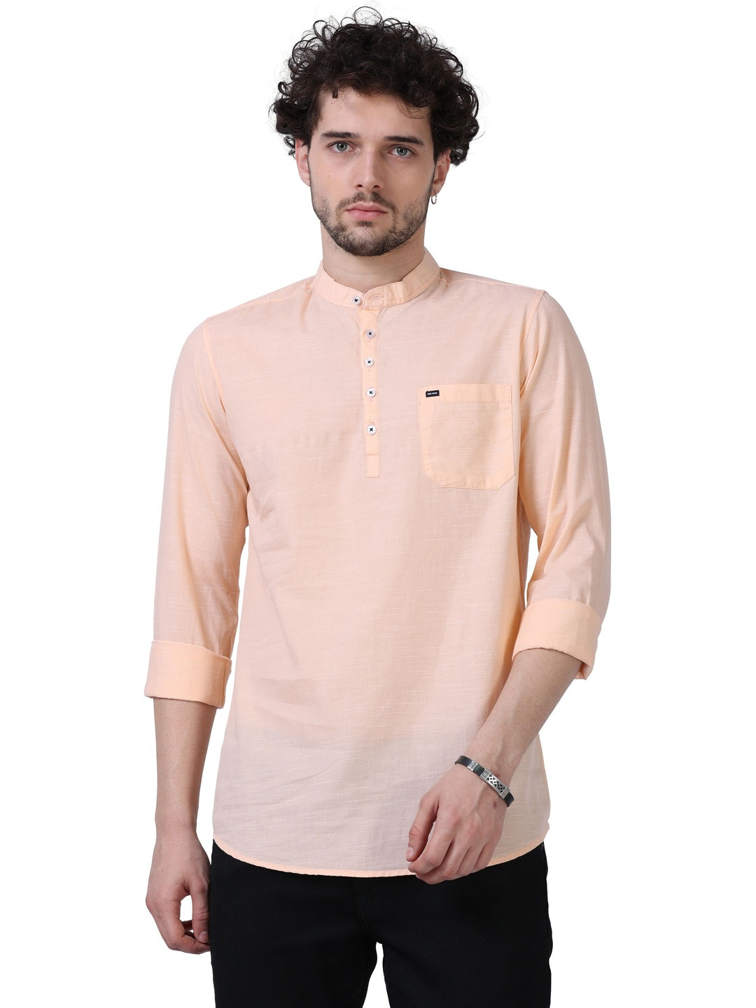 Rocket Science Men Orange Solid Mandarin Collar Linen Straight Kurta