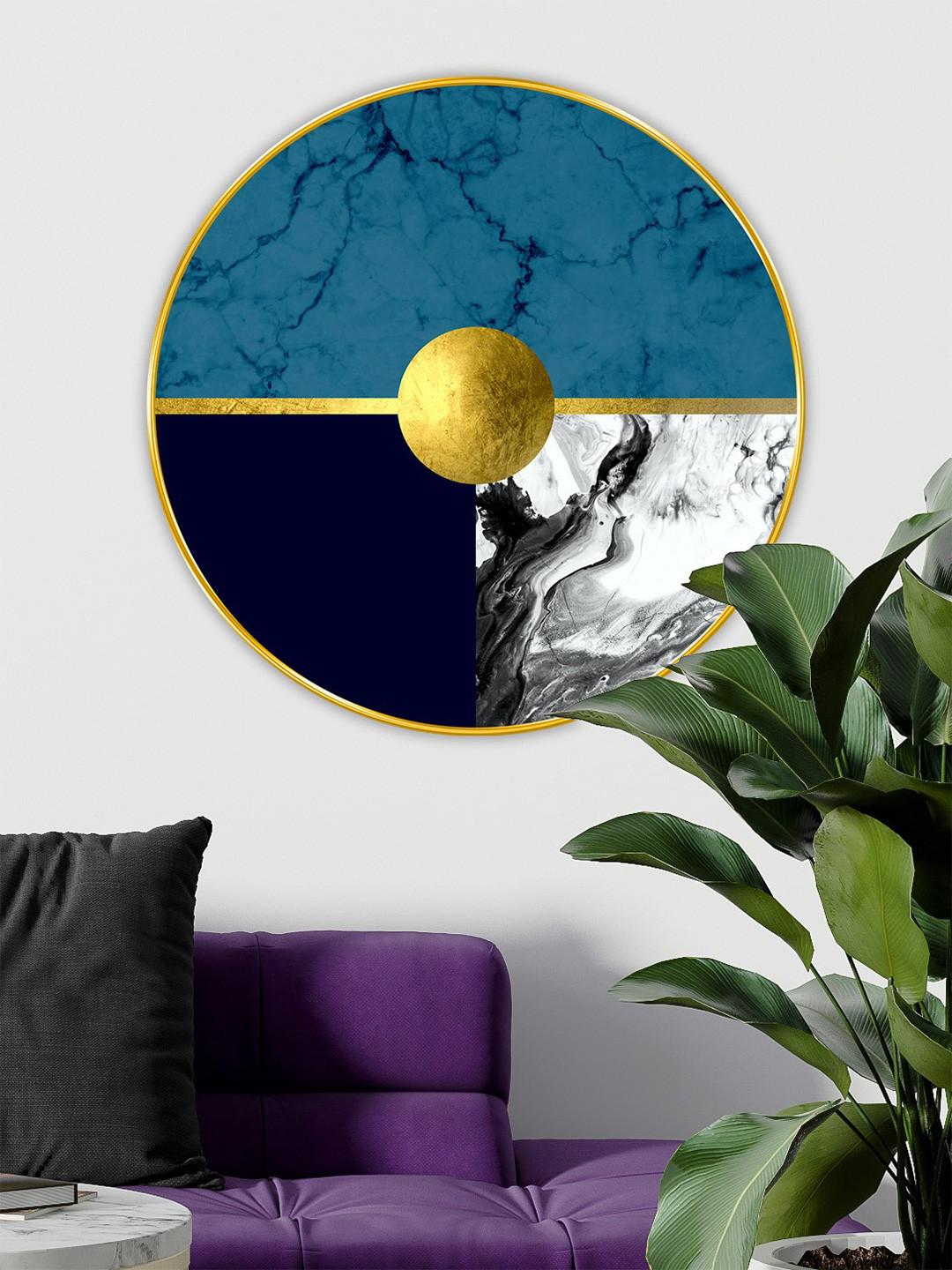 SAF Blue & White Abstract Wooden Rounded Wall Paintings