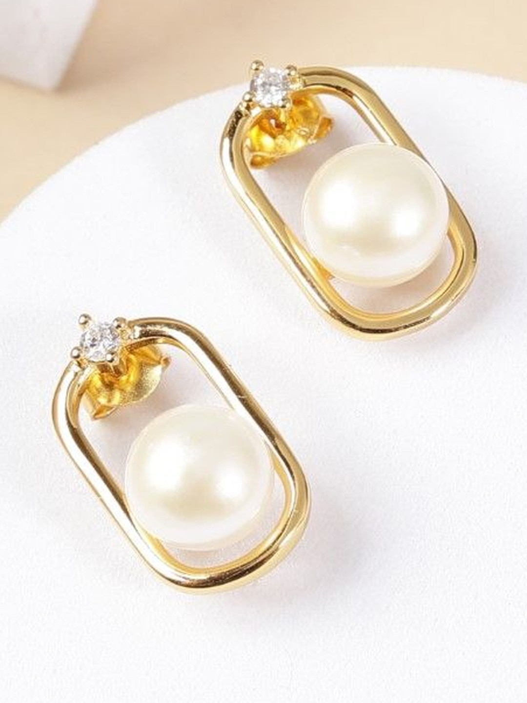 DIAVO Women Geometric Gold Plated Encased Pearl Studs Earrings