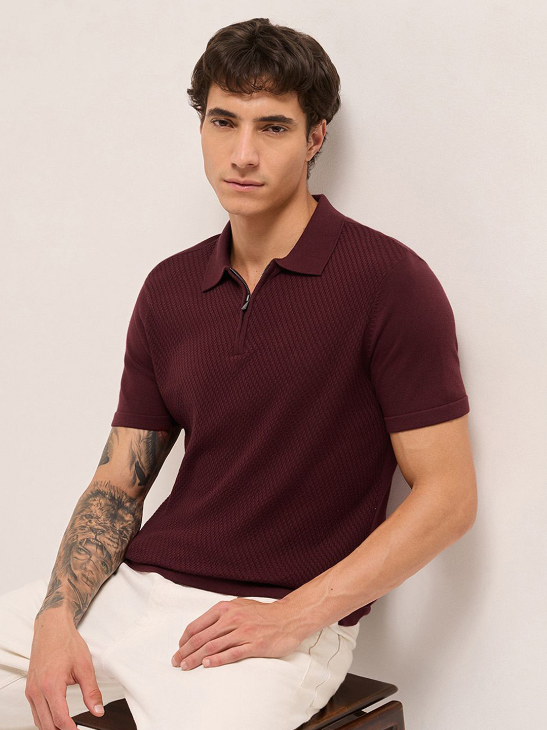 THE BEAR HOUSE Men Self Design Polo Collar Pure Cotton T-shirt