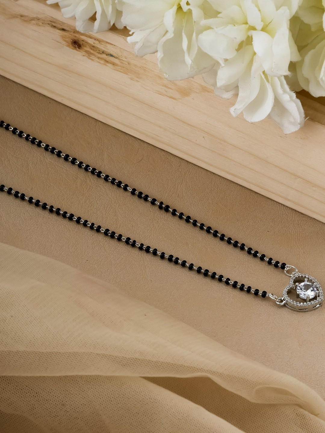 Anouk Silver-Plated Heart Stone Pendant Beaded Mangalsutra