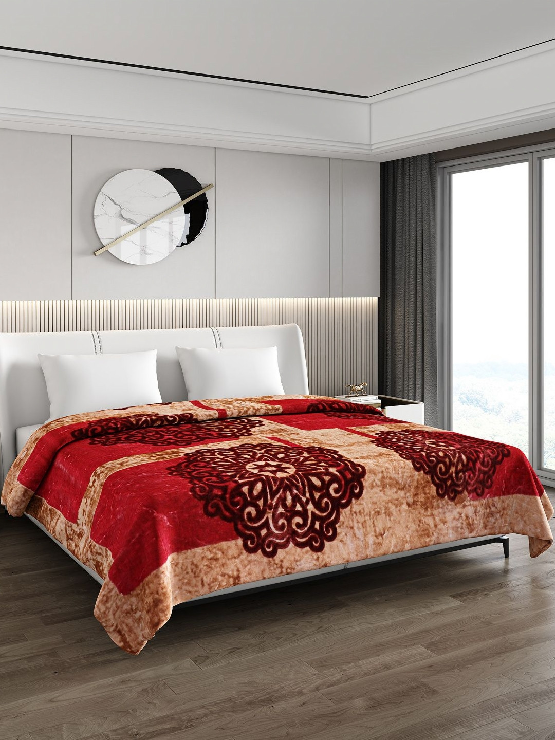 Monte Carlo Red & Cream Ethnic Motifs Printed Heavy Winter Double Bed Blanket 691 GSM
