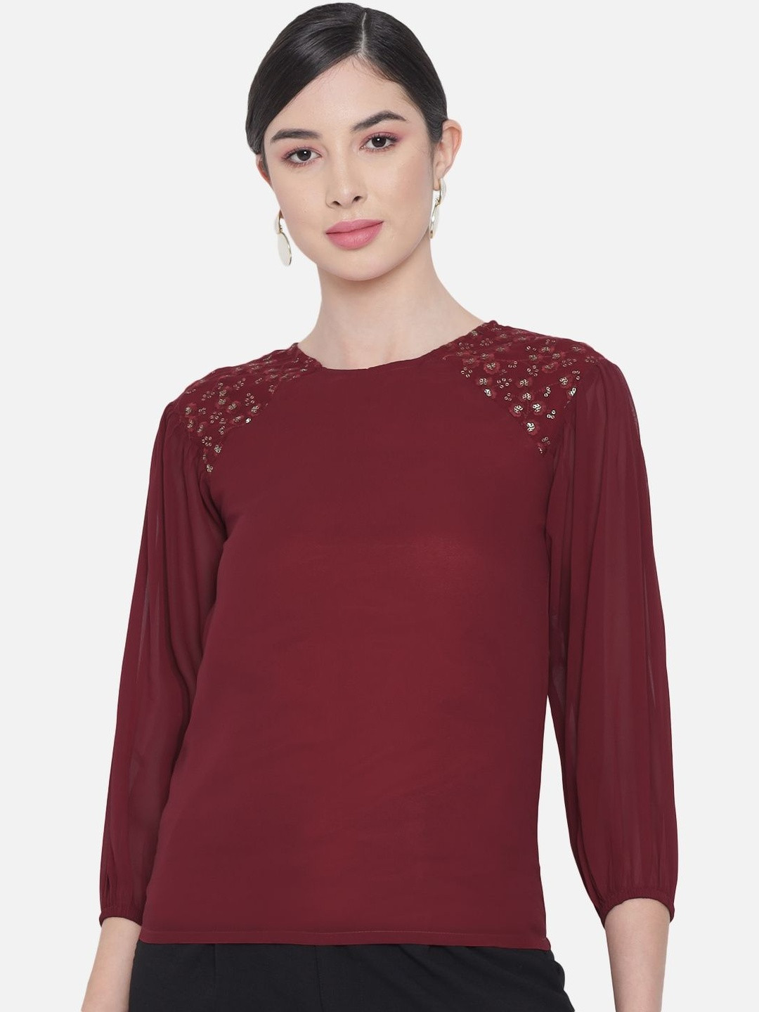 OTIRA Women Maroon Embellished Georgette Top