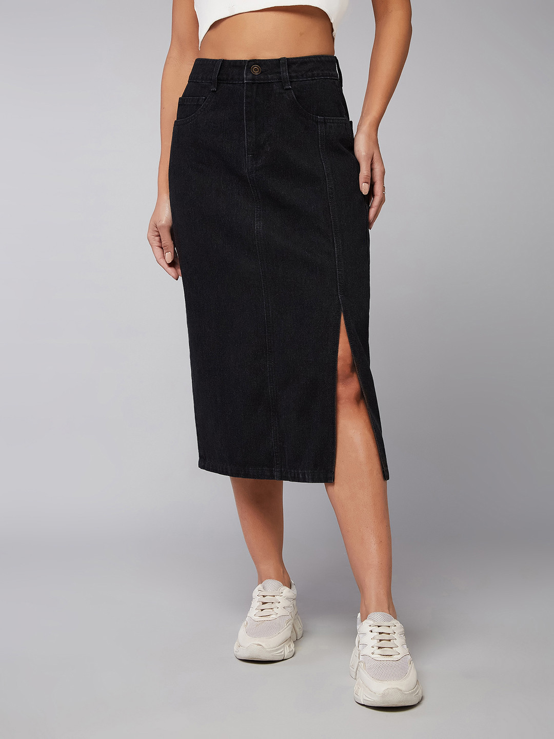DOLCE CRUDO Straight-Fit High-Rise Clean-Look Stretchable Denim Midi Skirt