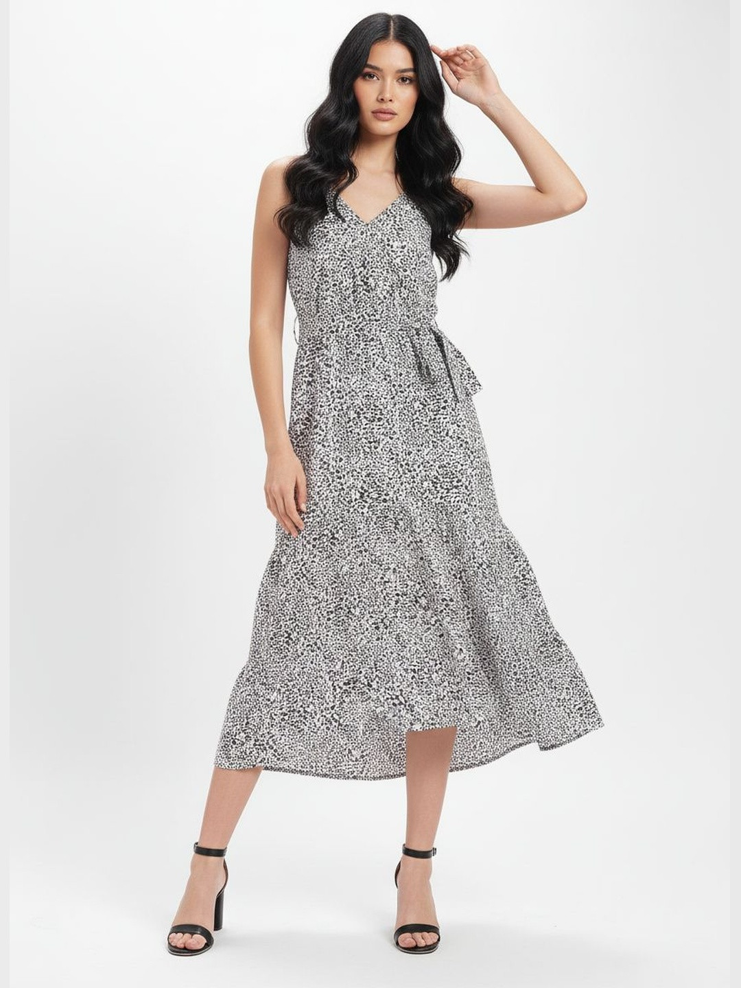 DressBerry Leopard Print Shoulder Straps Maxi Fit & Flare Wrap Dress with Belt