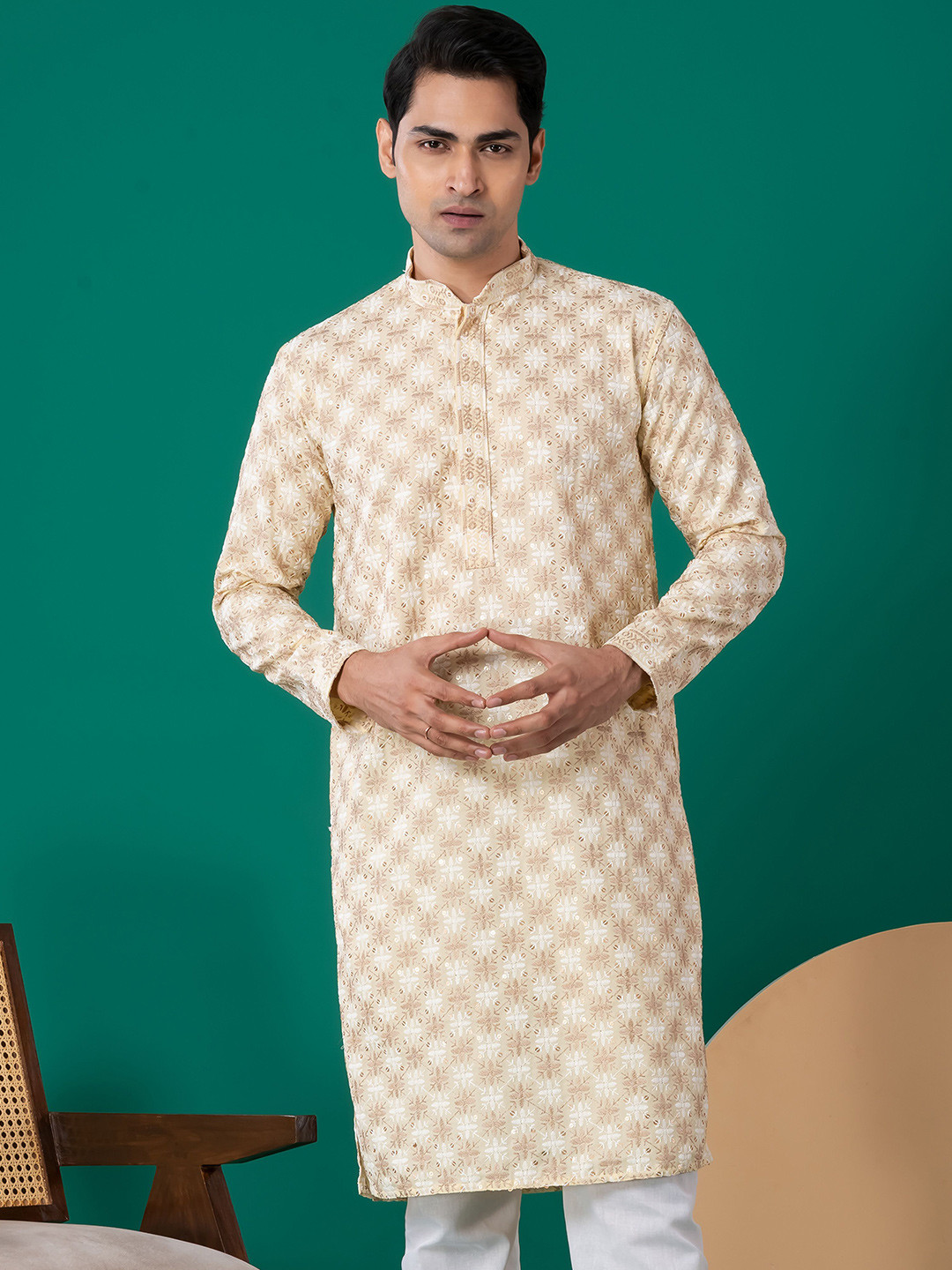 DEVOILER Sequins Embellished Cotton Straight Knee Length Kurta