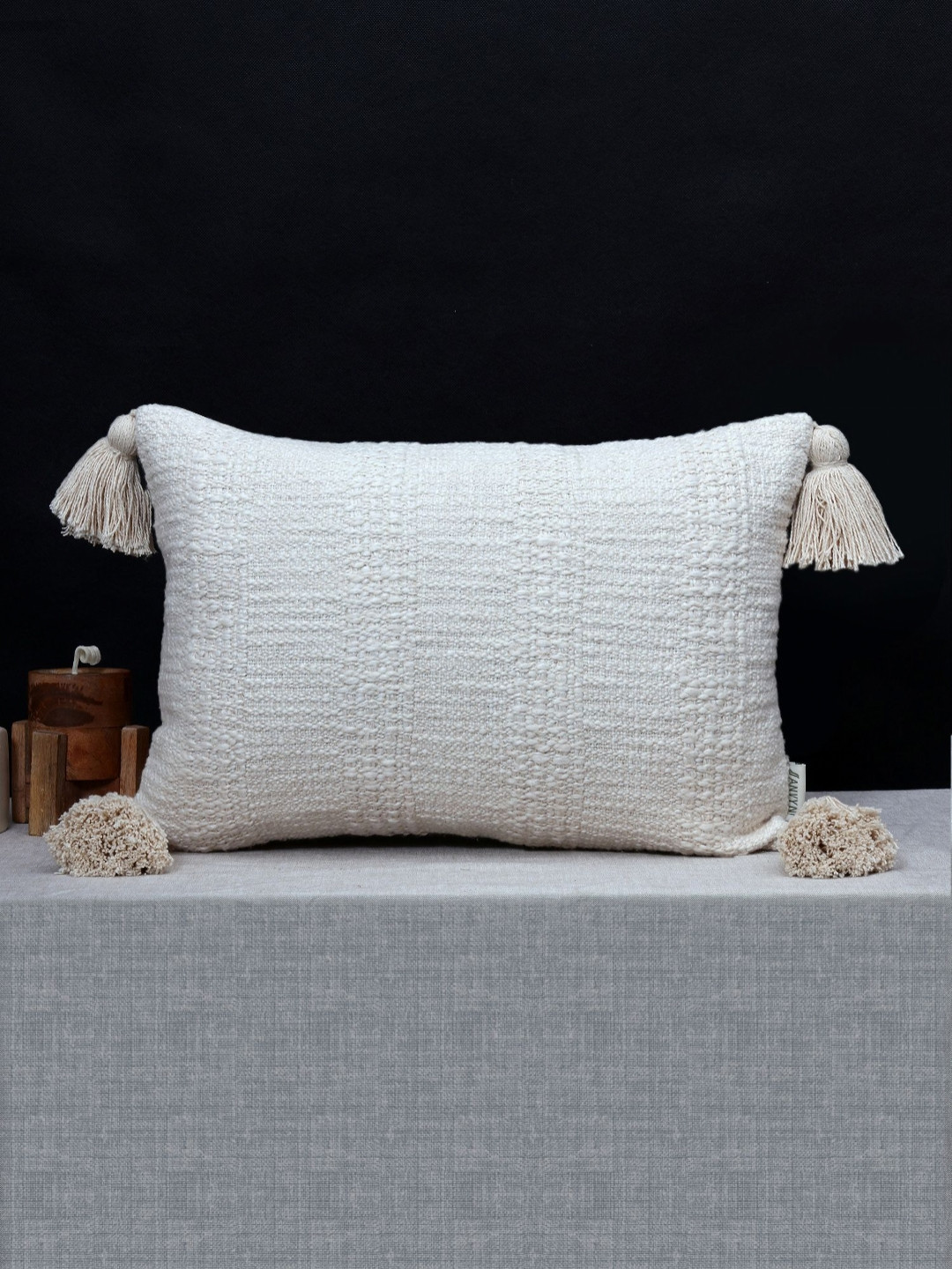 ANWYN Cream-Coloured Self Design Cotton Rectangle Cushion Cover With Tassels