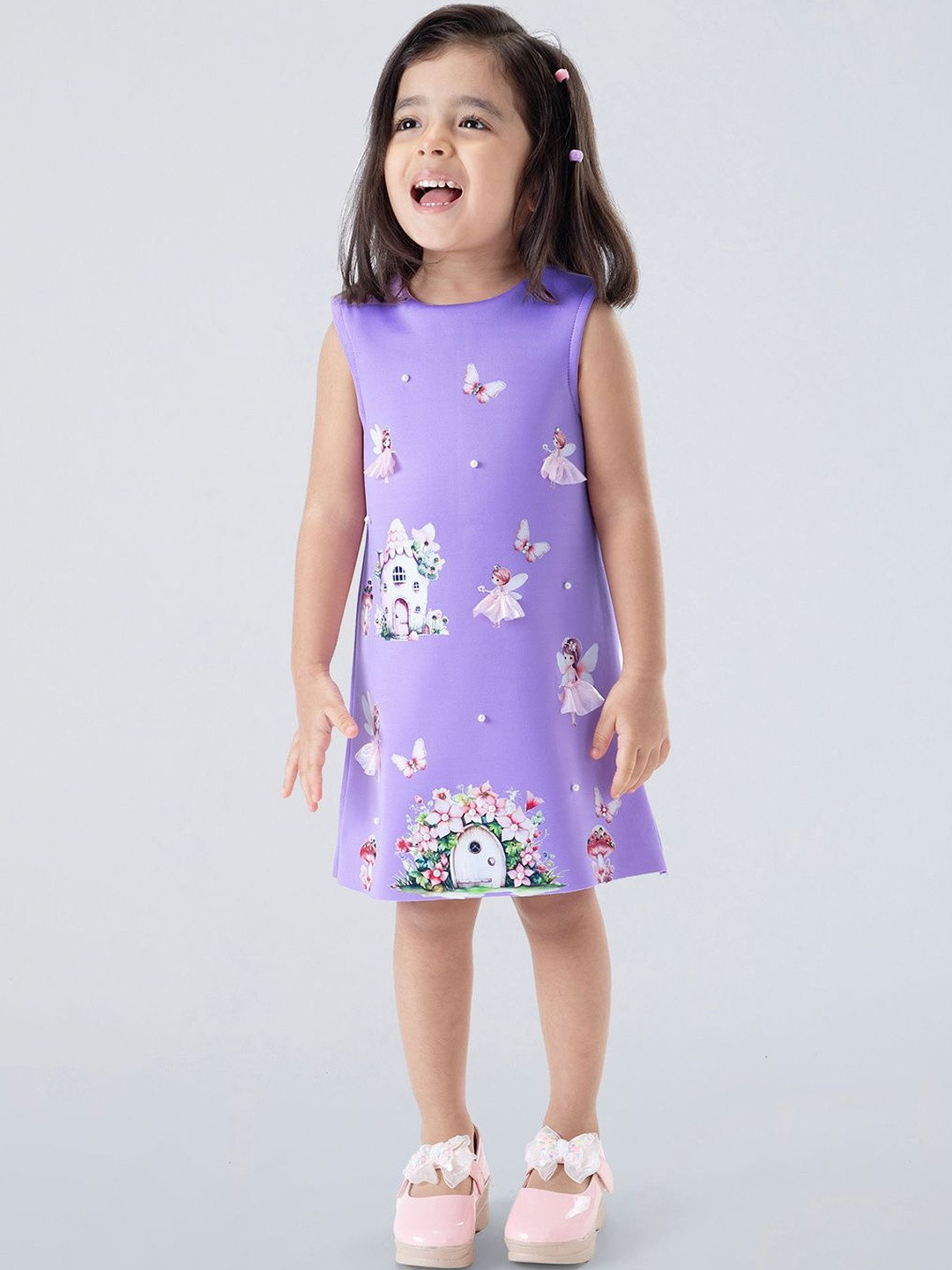 Hopscotch Girls Floral Printed Knee Length Round Neck Enchanted Dress