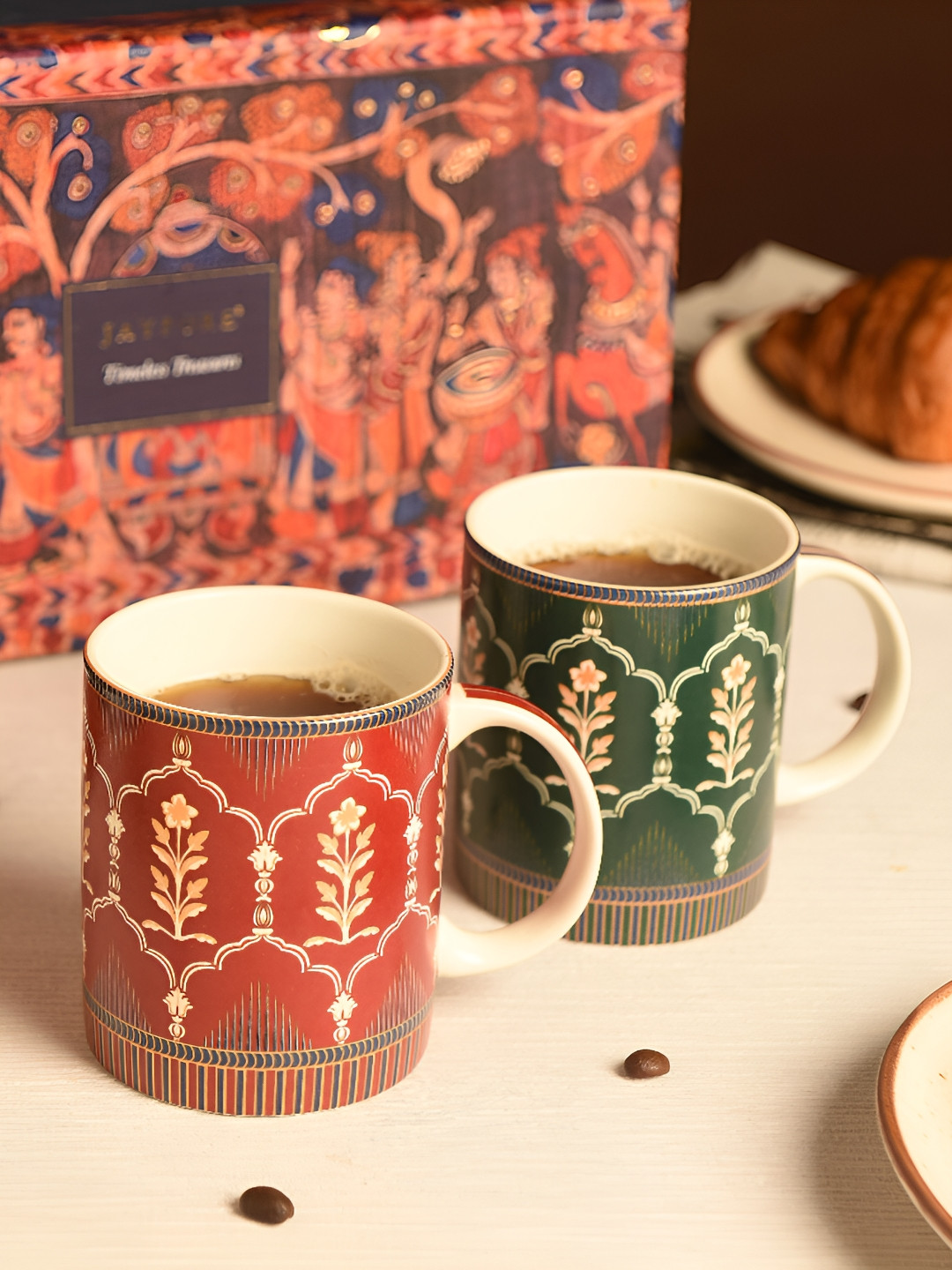 JAYPORE 2 Pieces Red & Green Abstract Printed Textured Porcelain Matte Cups -270 ml