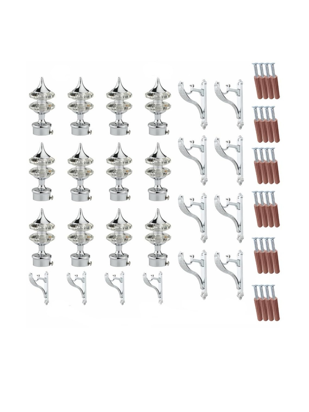 GLOXY Silver-Tone & Brown Pack Of 12 Metal Curtain Rod Supports Screws & PVC Wall Grips