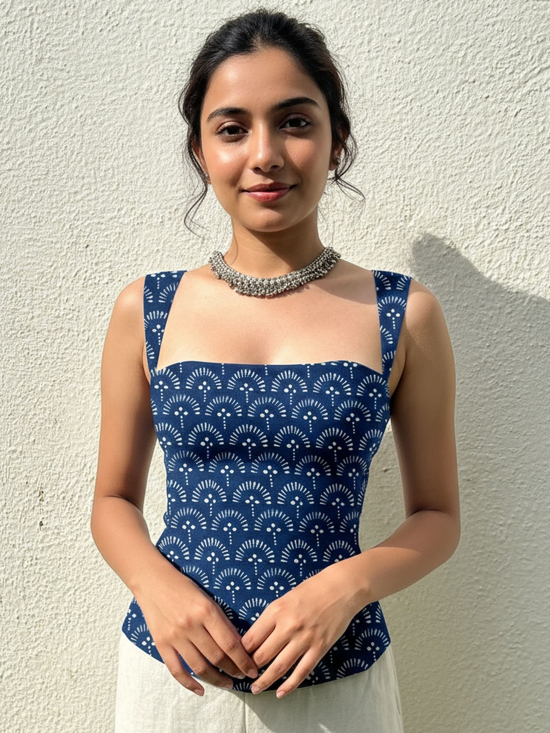 AAHWAN Ethnic Motifs Printed Square Neck Sleeveless Backless Top