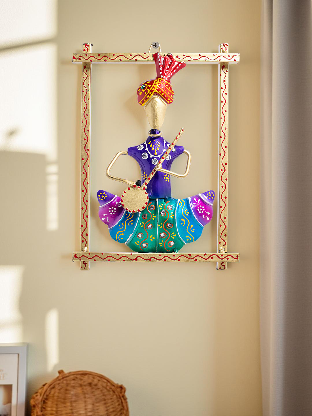 Golden Peacock Rajasthani Musician Hangings Metal Glossy Tapestries & Macrame-10.2In