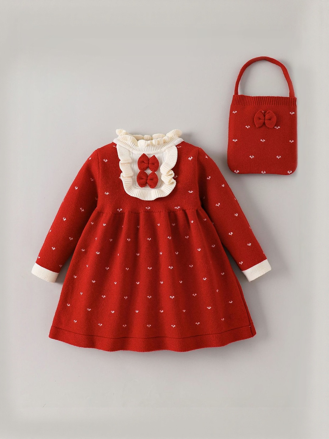 Hopscotch Girls Polka Dot Printed Fit & Flare Dress With Handbag