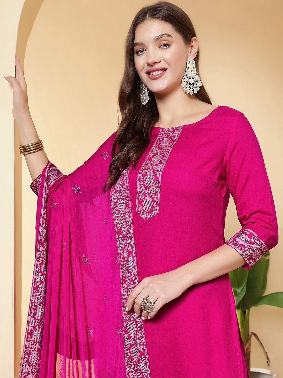 Anouk Rustic  Women Fuchsia Viscose Rayon Ethnic Kurta Set With Dupatta