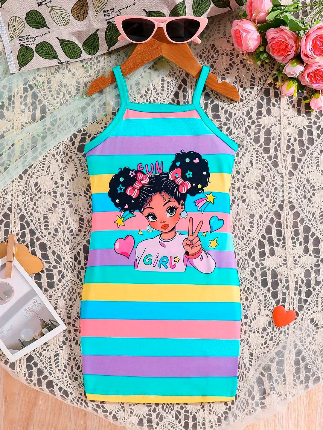 White World Girls Graphic Striped Printed Shoulder Strap A-Line Dress
