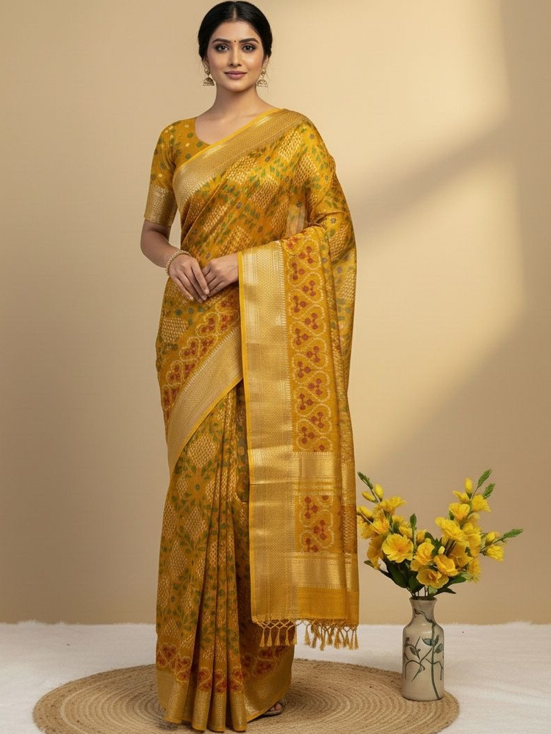 Peachmode Ikkat Printed Cotton Silk Saree
