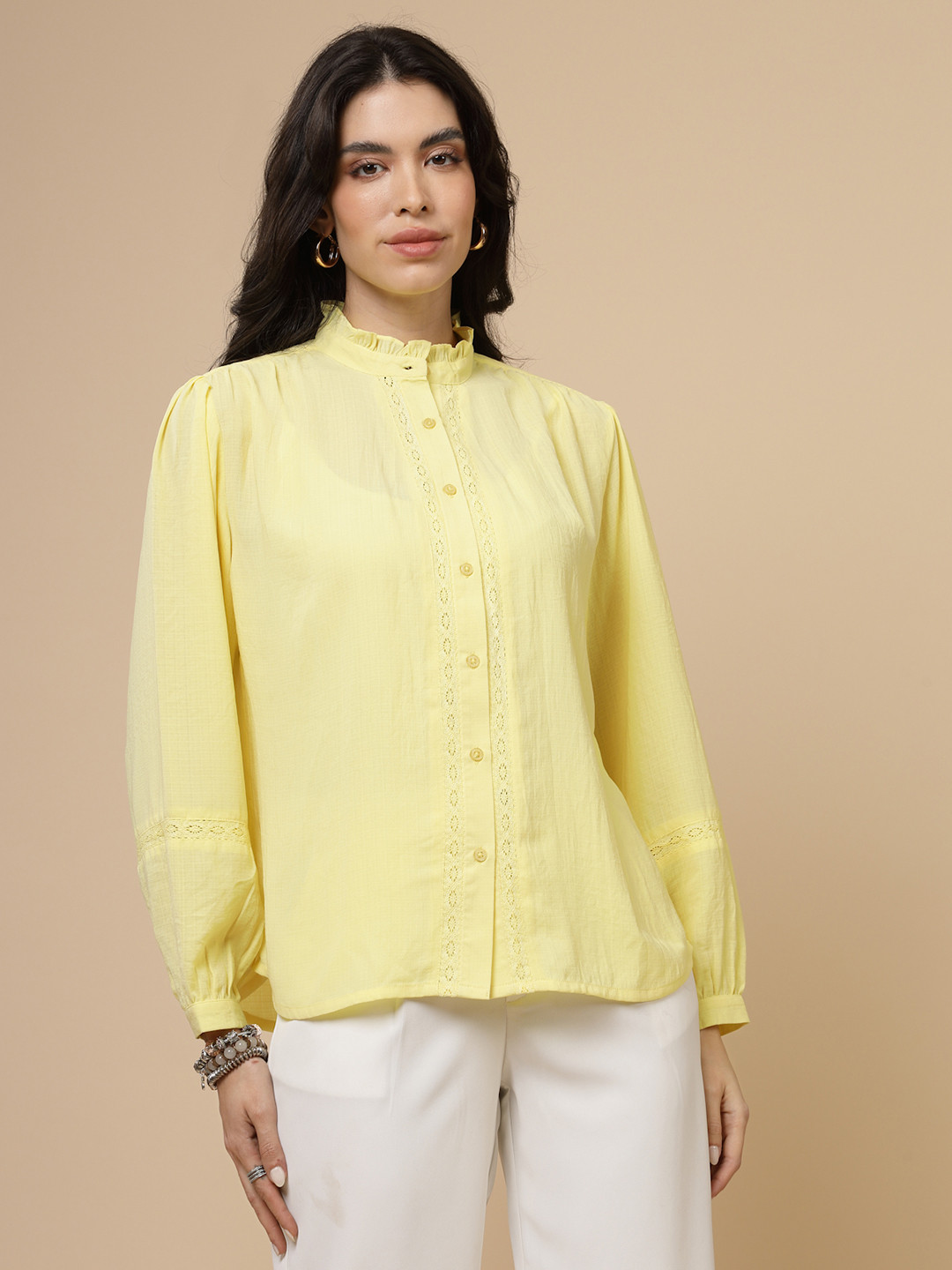 Nomad Lifestyle High Neck Button Closure Lace Frills Bows and Ruffles Puff Sleeve Top