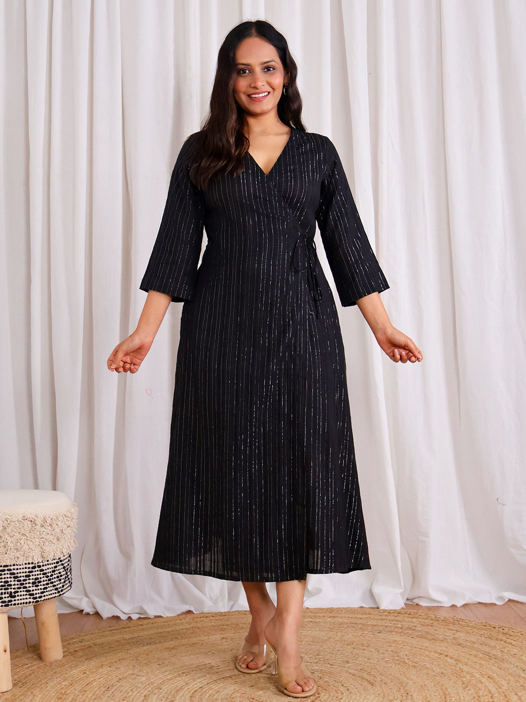 Sivaka India Women's Striped Wrap Style Midi Dress