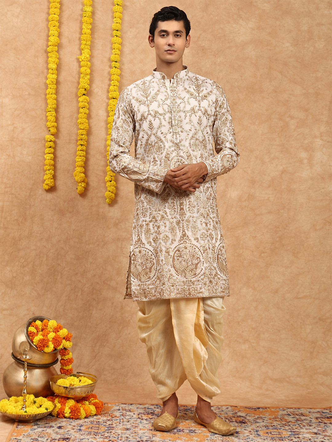 SOURAGYA Men Georgette Embroidered Kurta & Dhoti Pants