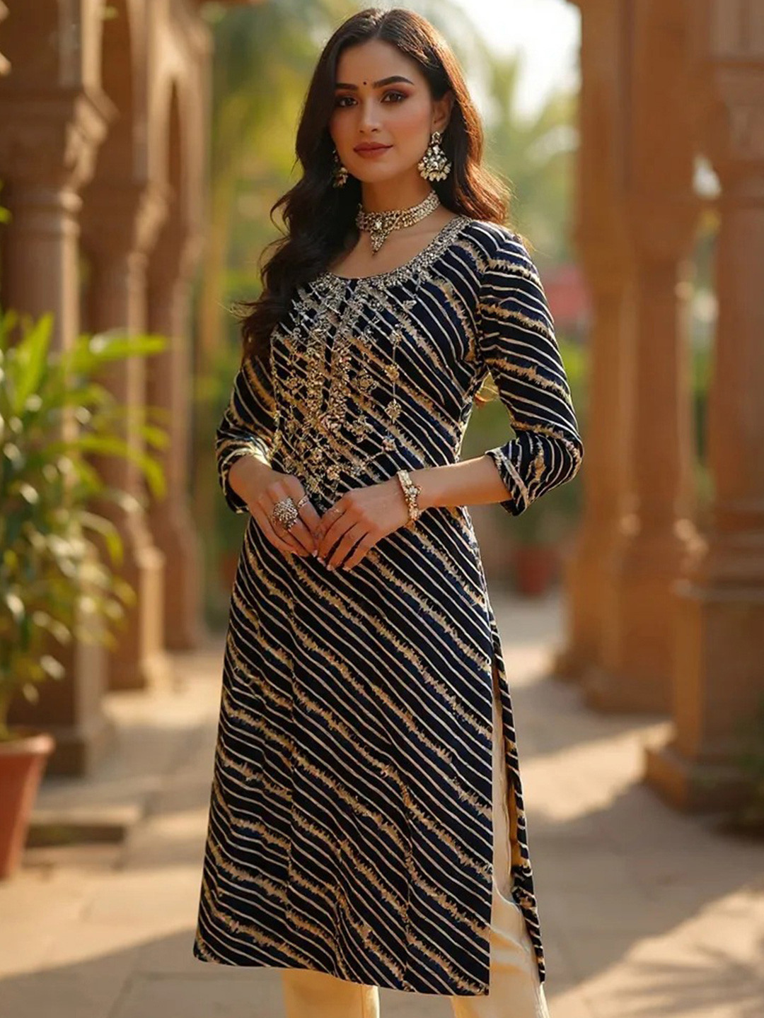 KALINI Abstract Printed Round Neck Three-Quarter Sleeves Mirror Work Kurta