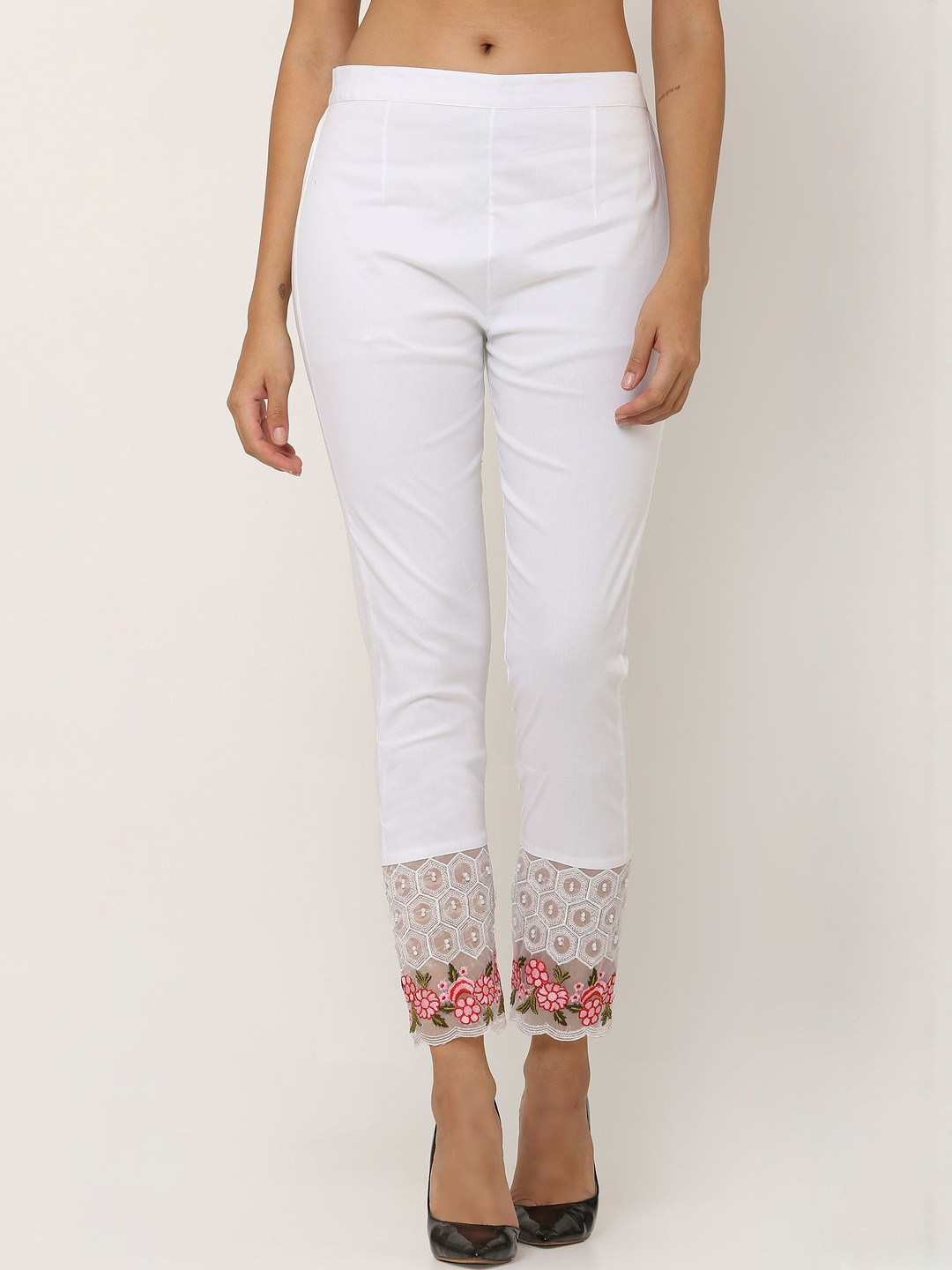 Moda Rapido Women Embroidery Lace Detail Comfort Slim Fit Trousers