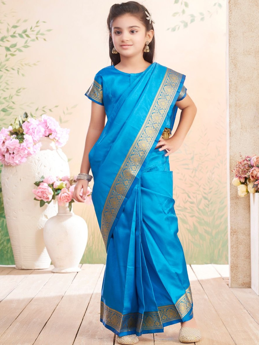 BAESD Girls Woven Design Border Banarasi Silk Saree with Stitched Blouse